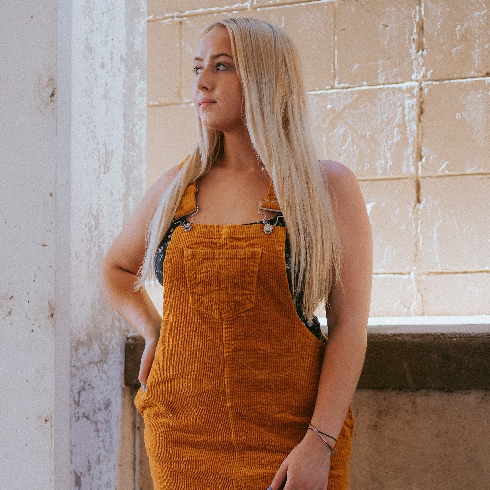 Orange Corduroy Overalls Mini Dress!